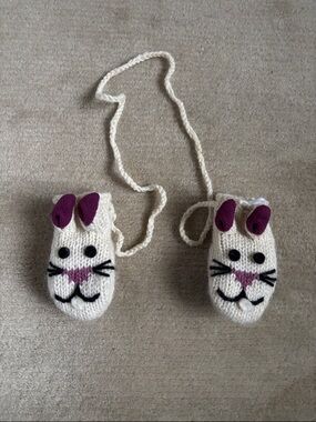 Kids Bunny Knit Mittens - Cream with Purple Ears